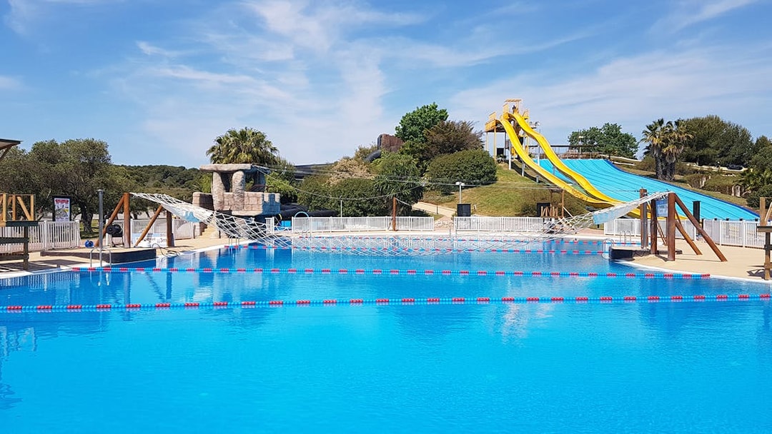 Water slides and pool area at Aquopolis Costa Daurada, Spain.