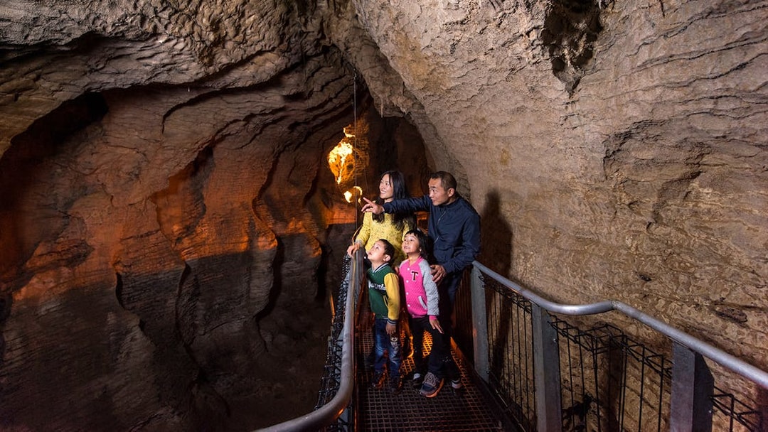 Family exploring Aranui Cave on guided tour, admiring rock formations.