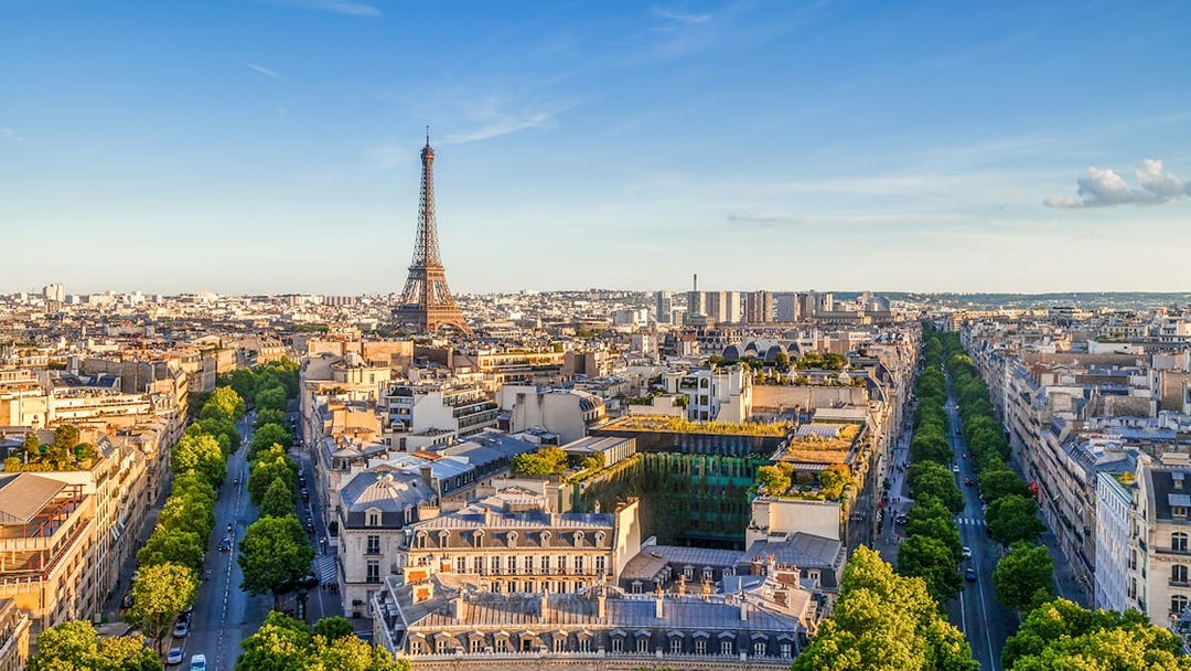 Paris skyline with Eiffel Tower viewed from Arc de Triomphe, showcasing cityscape and tree-lined streets.