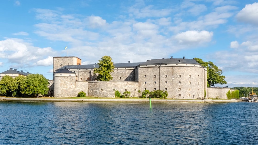Vaxholms fortress viewed from the water during an archipelago sightseeing cruise.