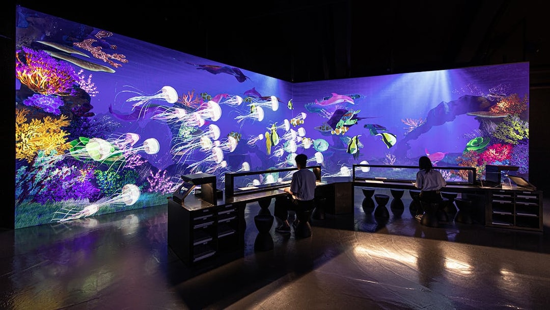 Live sketch exhibit at ARTE Museum Dubai featuring vibrant underwater scene.