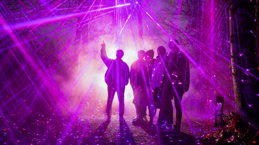 Group under purple stardust rays at Astra Lumina, Currumbin Wildlife Sanctuary.