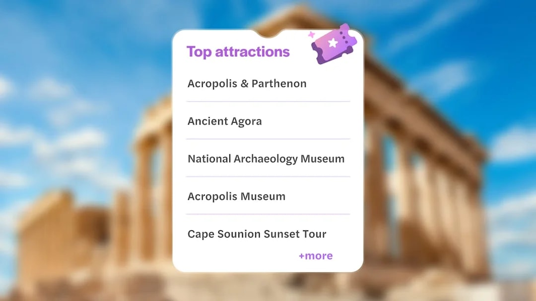 Top attractions list with blurred Parthenon on Acropolis hill, Athens, Greece in background.