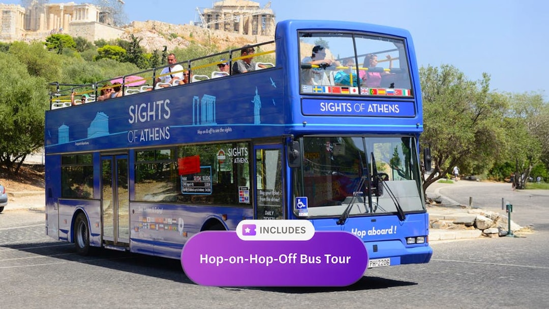 Double-decker bus near Acropolis on Athens Hop-on Hop-off Classic Tour.