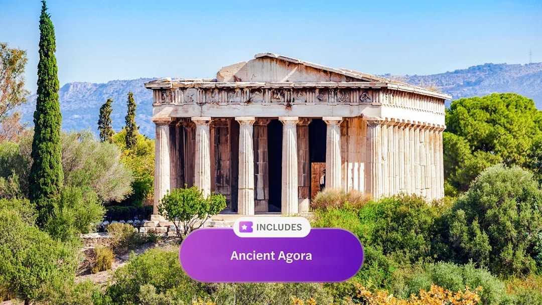 Temple of Hephaestus surrounded by greenery in Ancient Agora, Athens.