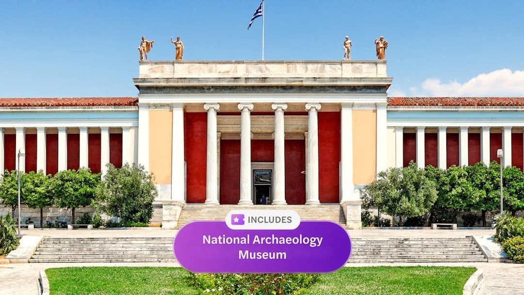 National Archaeological Museum entrance with Greek flag, Athens, Greece.