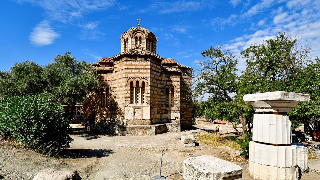 Holy Church of the Holy Apostles in Ancient Agora, Athens, with surrounding ruins.