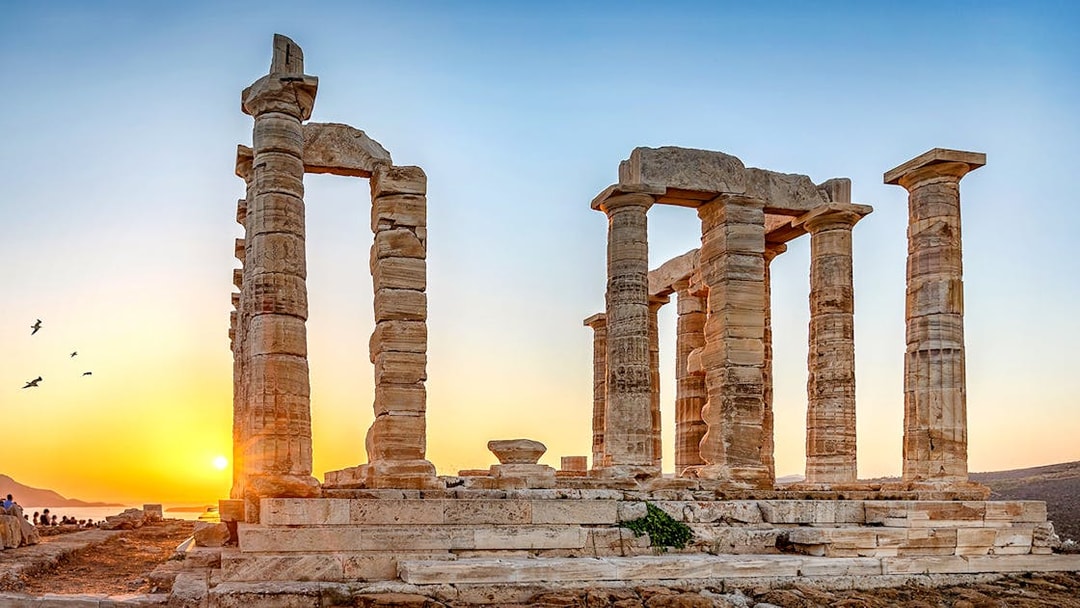 Temple of Poseidon at sunset, Cape Sounion, Greece.