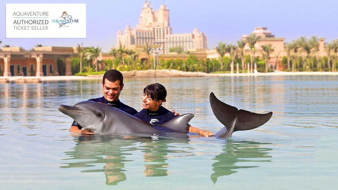 People interacting with a dolphin at Aquaventure Waterpark, Atlantis The Palm, Dubai.