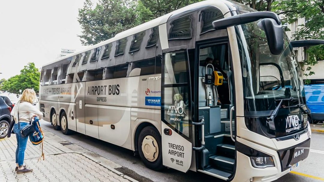 ATVO bus at pickup stop for airport transfer, Venice.