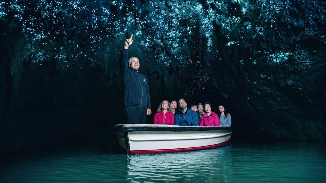 Boat tour under glowworms in Waitomo Caves, New Zealand.