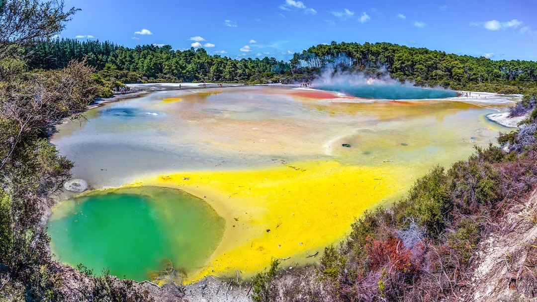 Geothermal pools with vibrant colors at Te Puia, Rotorua, surrounded by lush greenery.