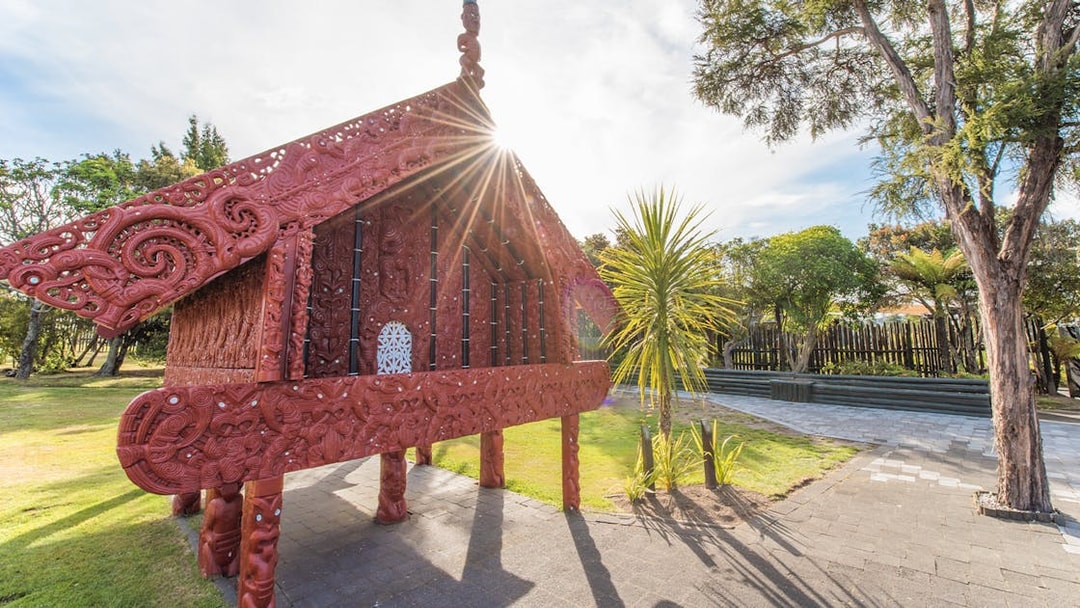 Traditional Māori carving at Te Puia, Rotorua, New Zealand, with sunlight streaming through.