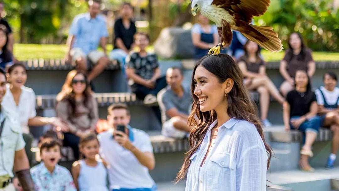 Woman smiling with a bird perched on her head at Bali Bird Park, audience in background.