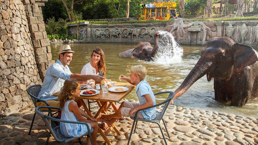 Tourists enjoying breakfast near elephants at Bali Zoo.