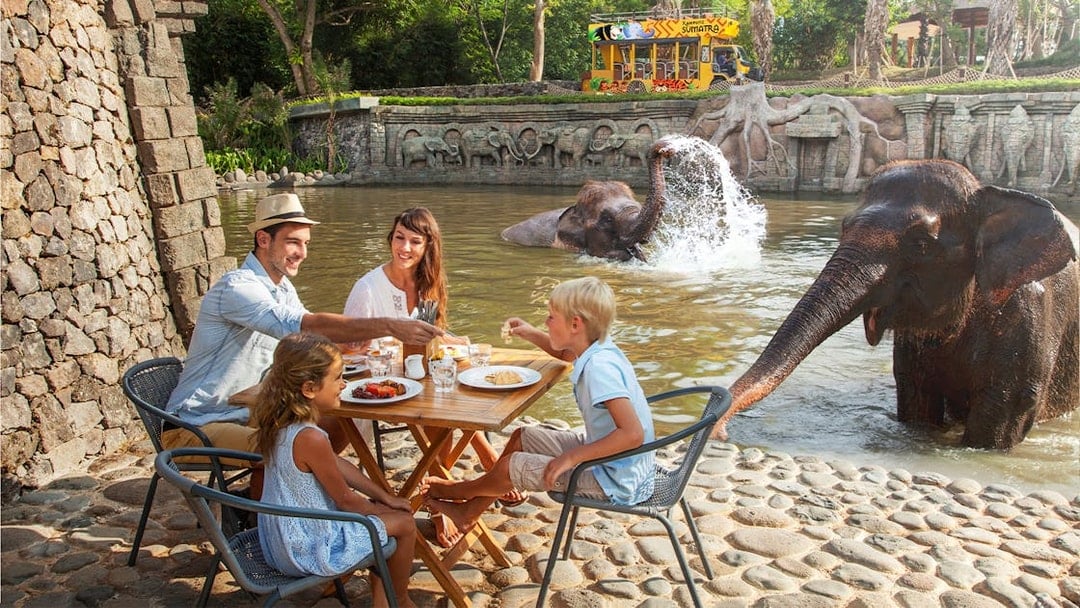 Tourists enjoying breakfast near elephants at Bali Zoo.