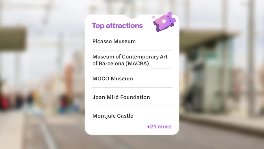 Tram stop in Barcelona with list of top attractions including Picasso Museum and Montjuïc Castle.
