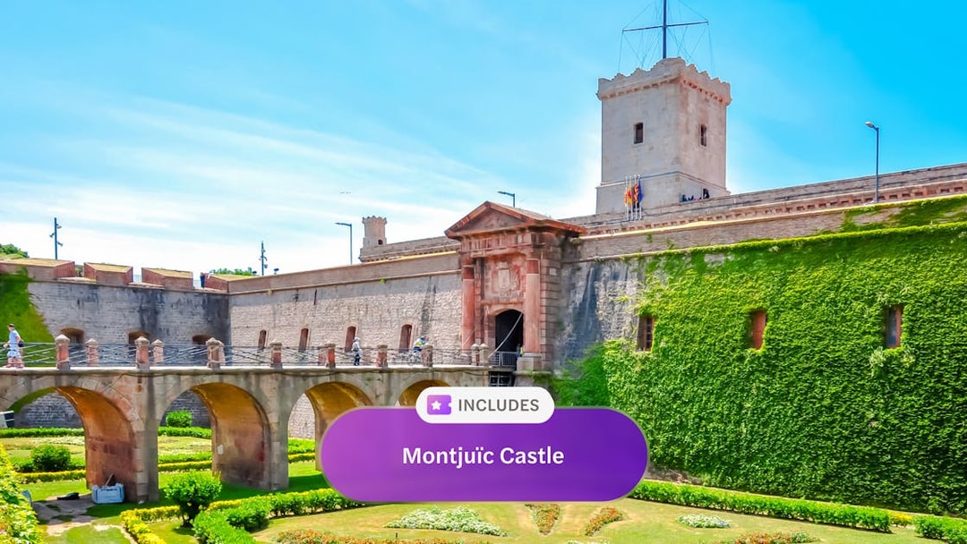 Fortress of Montjuic with stone bridge and lush gardens, Barcelona, Spain.