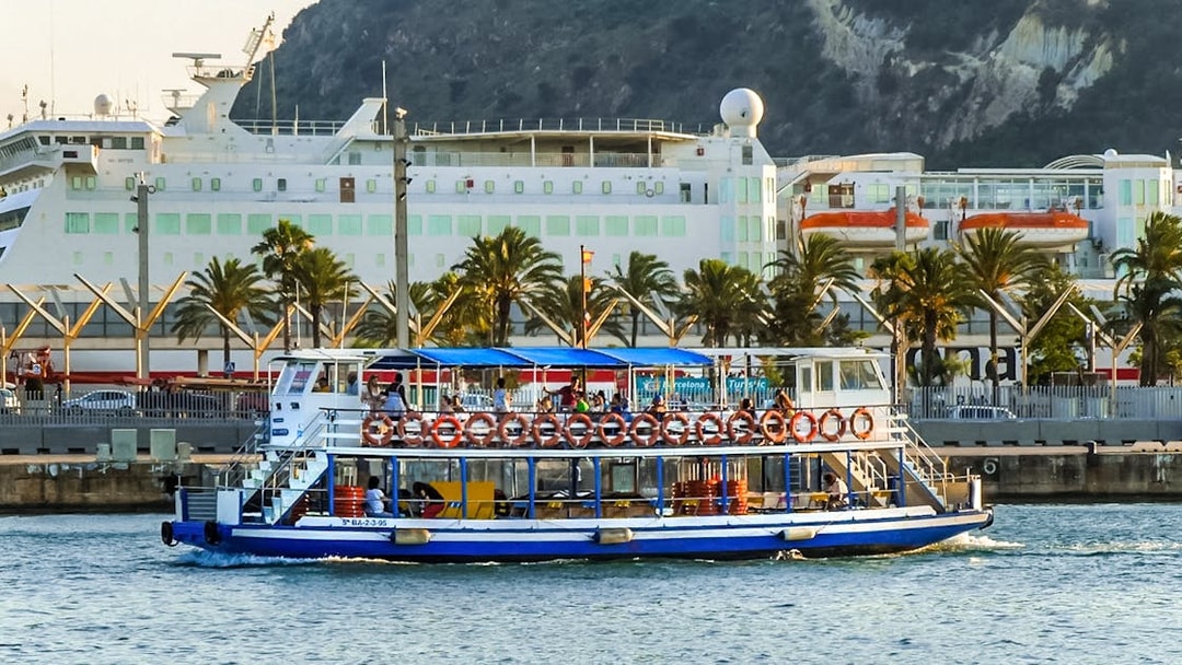 Las Golondrinas boat cruising near a harbor with palm trees and a large ship in the background.