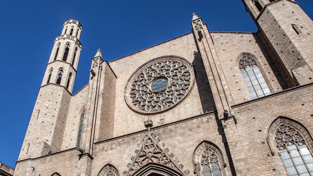 Gothic facade of Santa Maria del Mar church in Barcelona.