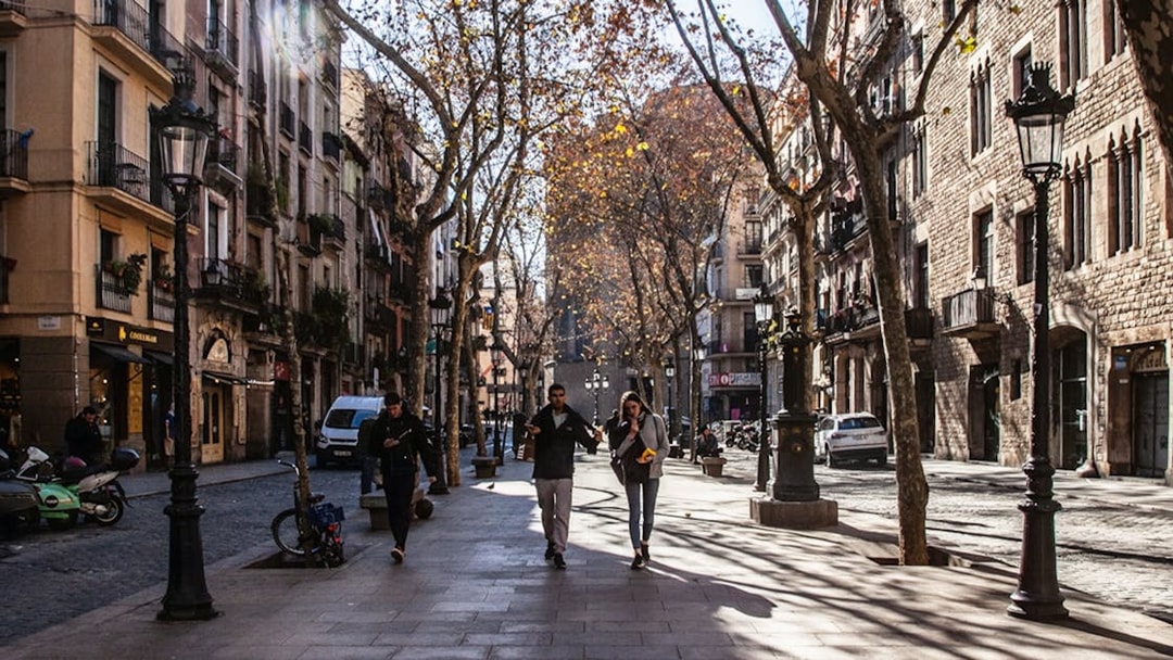 Walking along a tree-lined street in Barcelona's Gothic Quarter.