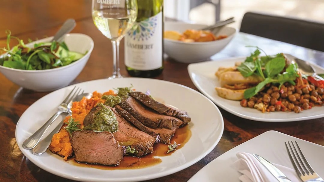 Roast beef with chimichurri and sweet potato mash at Barossa winery restaurant.