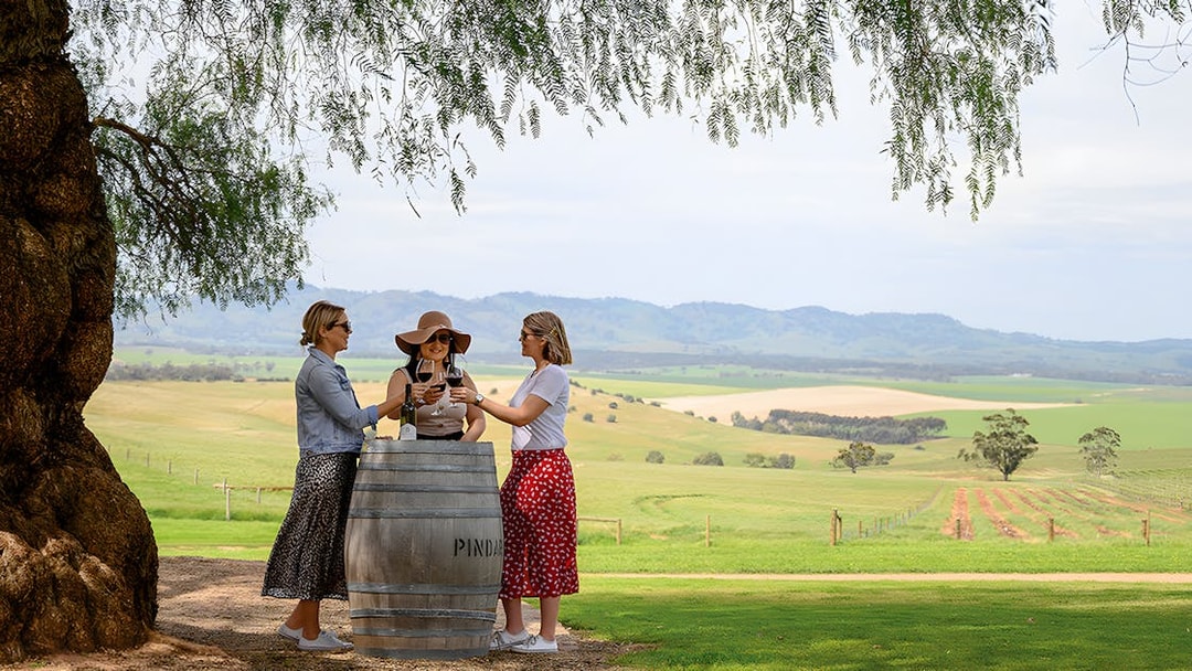 Three people enjoying wine at a barrel table with Barossa Valley vineyards in the background.