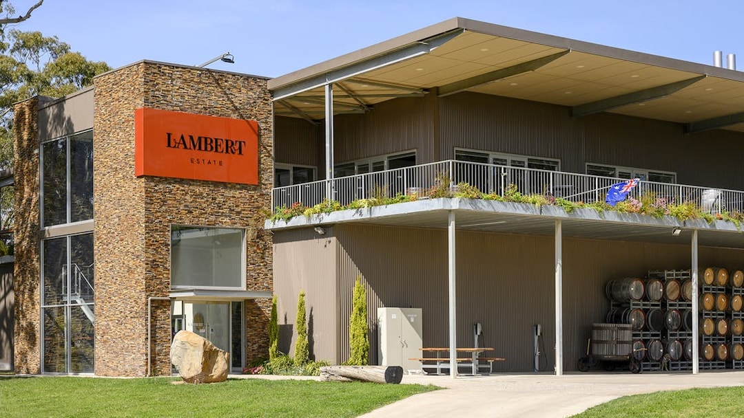 Lambert Estate winery building with wine barrels, Barossa Valley.