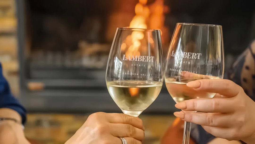 Toasting wine glasses at Lambert Estate, Barossa Valley.