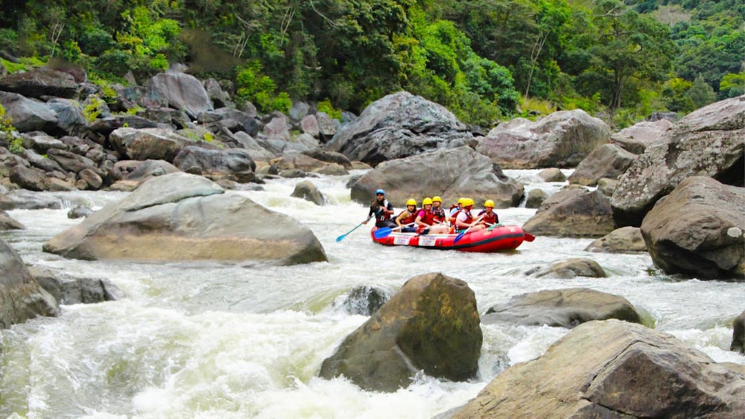 Rafting group navigating rapids on Barron River surrounded by lush forest.