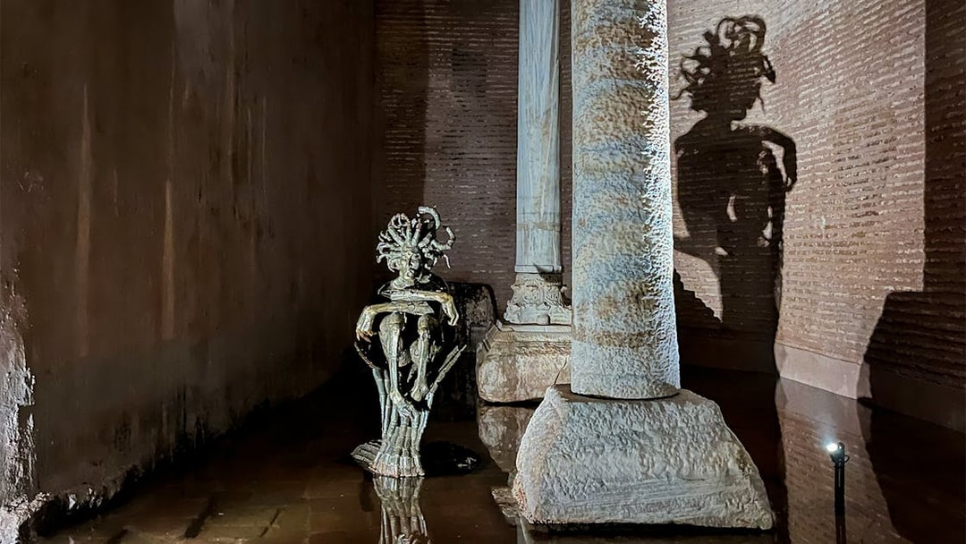 Underground Medusa head statue in Basilica Cistern, Istanbul.