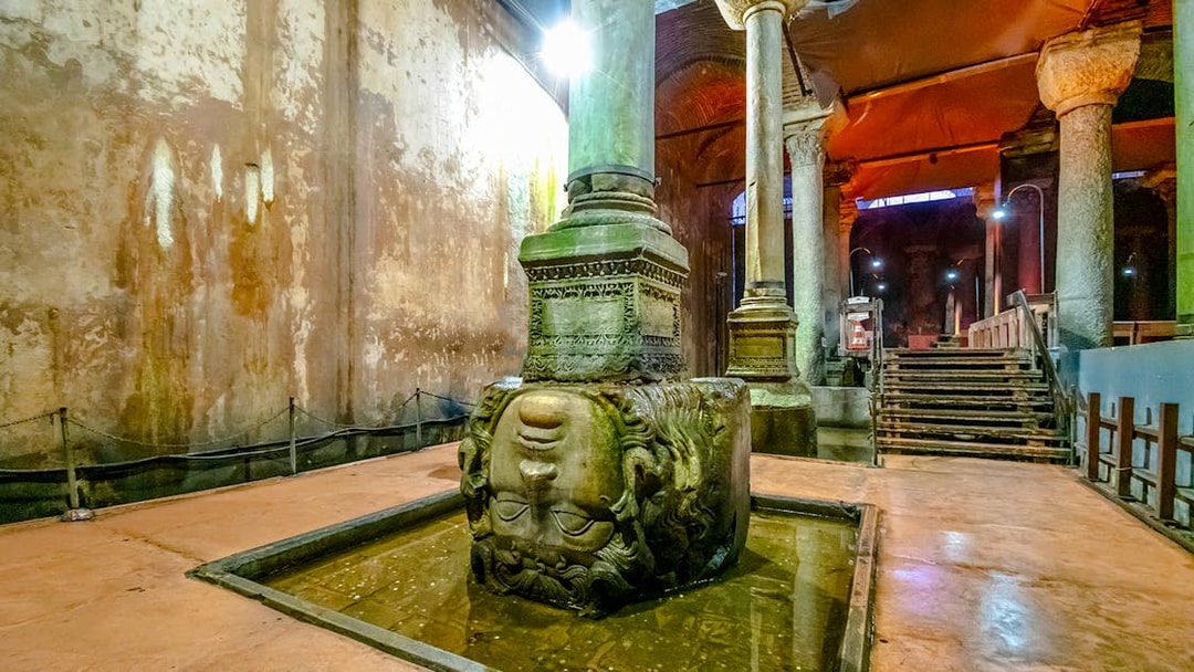Upside down Medusa head column in Basilica Cistern, Istanbul.