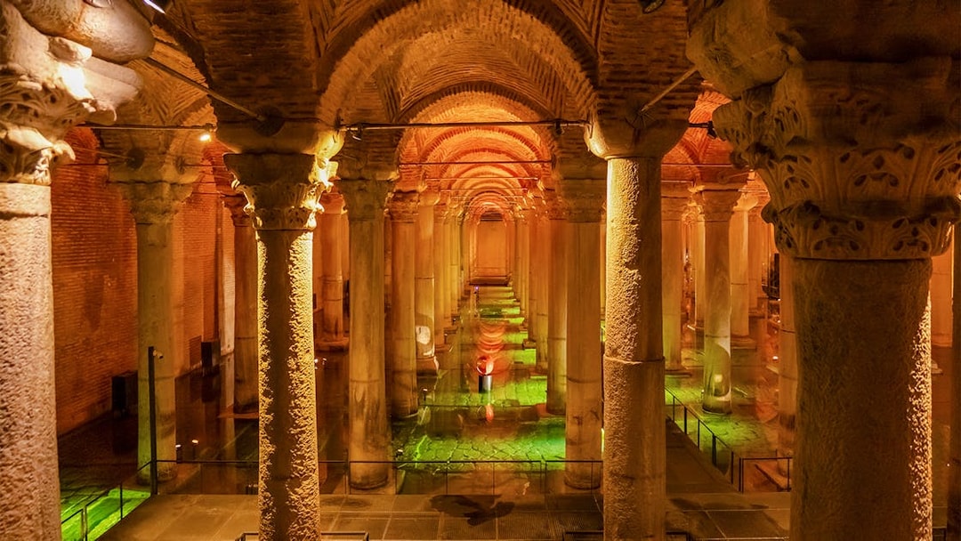 Illuminated columns in the underground Basilica Cistern, Istanbul.