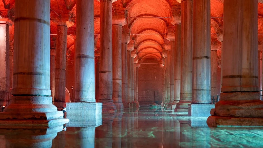 Renovated Basilica Cistern with illuminated columns, Sultanahmet District, Istanbul.
