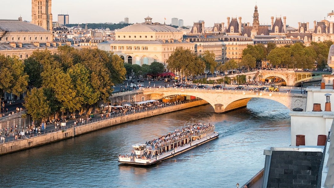 Seine River cruise boat passing under a bridge in Paris with cityscape view.