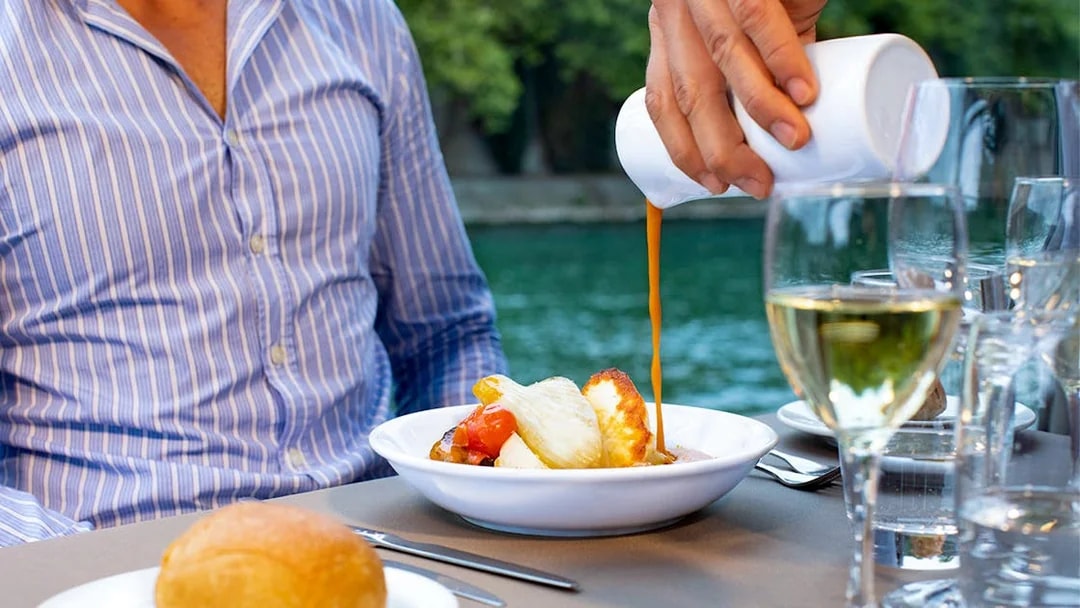 Lunch served on Seine River cruise with Bateaux Parisiens, Paris.