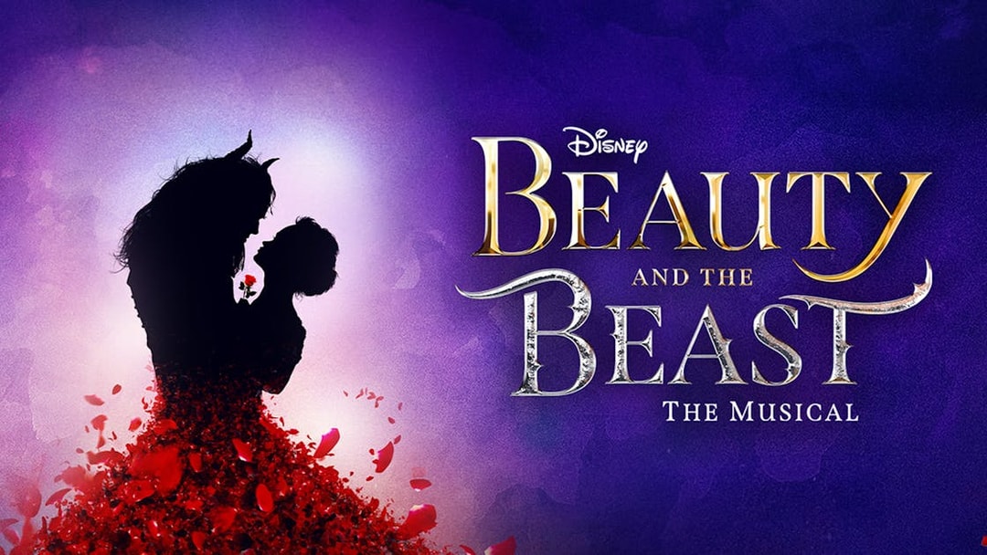 Silhouette of Beauty and the Beast with rose petals, promoting the musical.