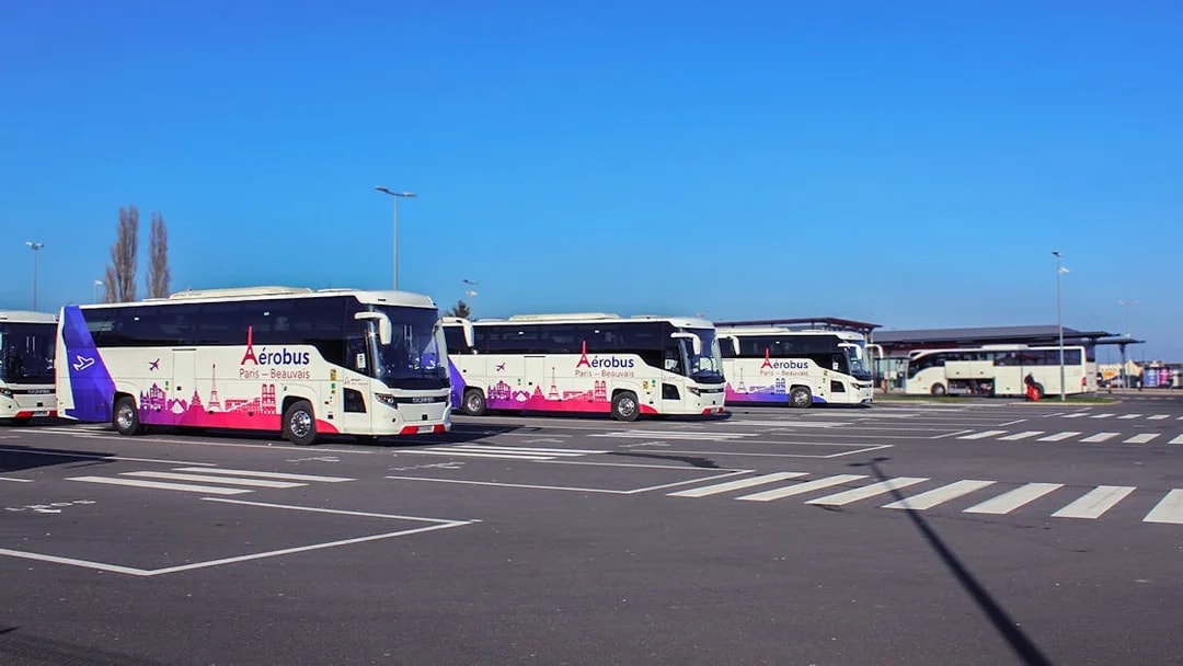 Aerobus buses parked at Paris Beauvais Airport for transfers to Saint-Denis University.