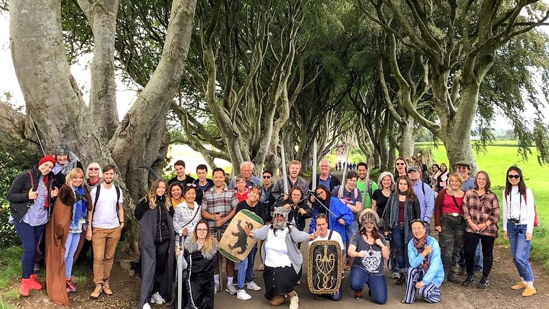 Tour group at Dark Hedges, a Game of Thrones filming location in Belfast.