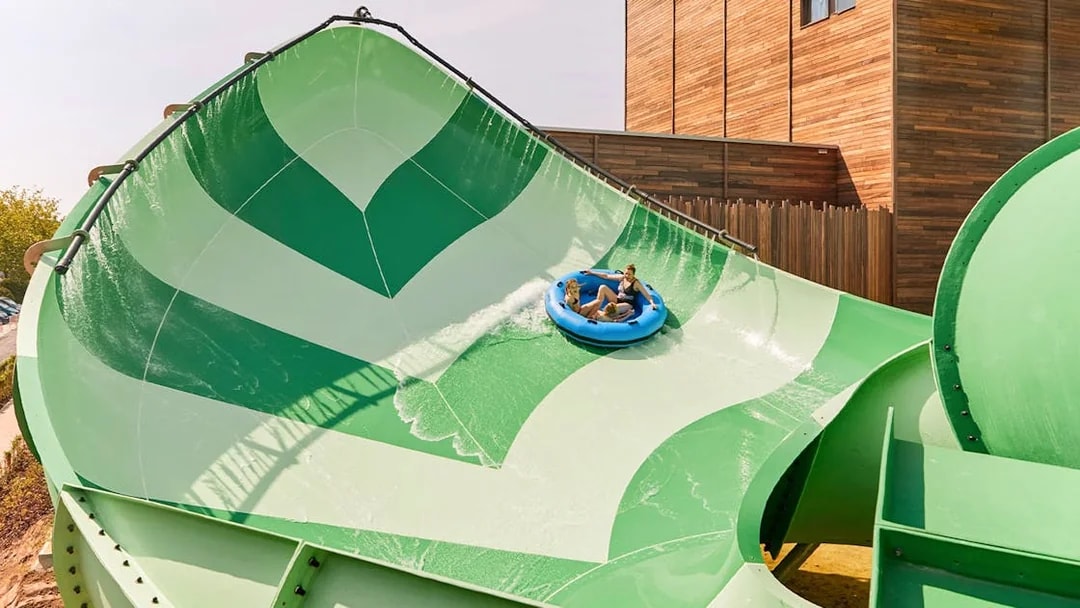 Tourists on a water ride at Bellewaerde Aquapark.