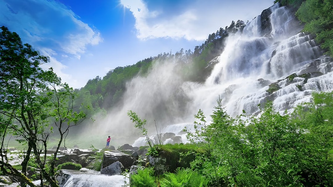 Waterfall in lush green landscape near Bergen, part of the Nærøyfjord cruise and Flåm Railway tour.
