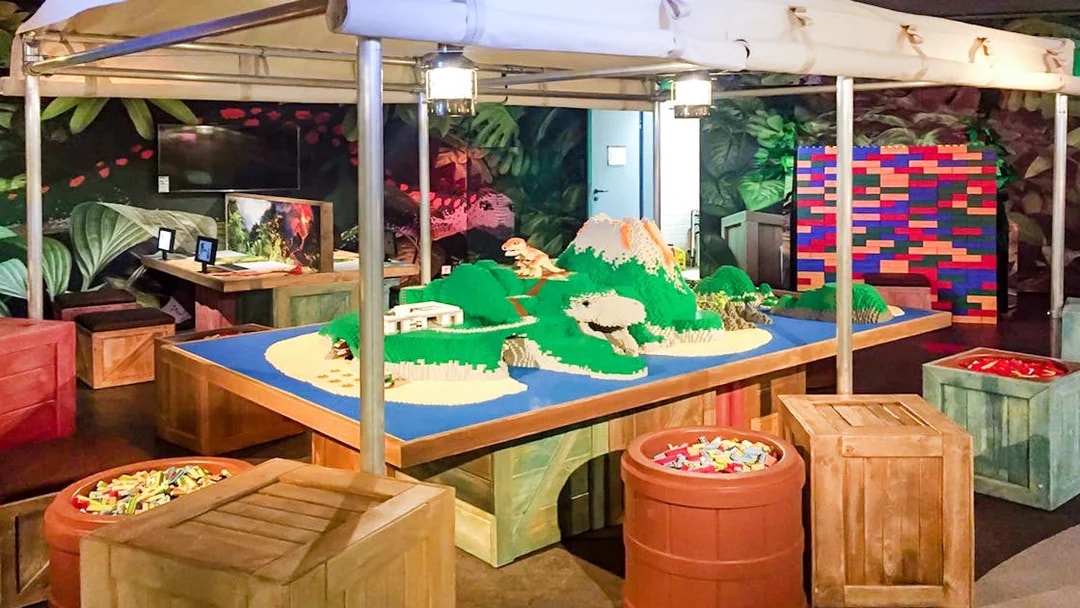 Lego dinosaur landscape at Dino Explorer activity, Berlin Legoland Discovery Centre.