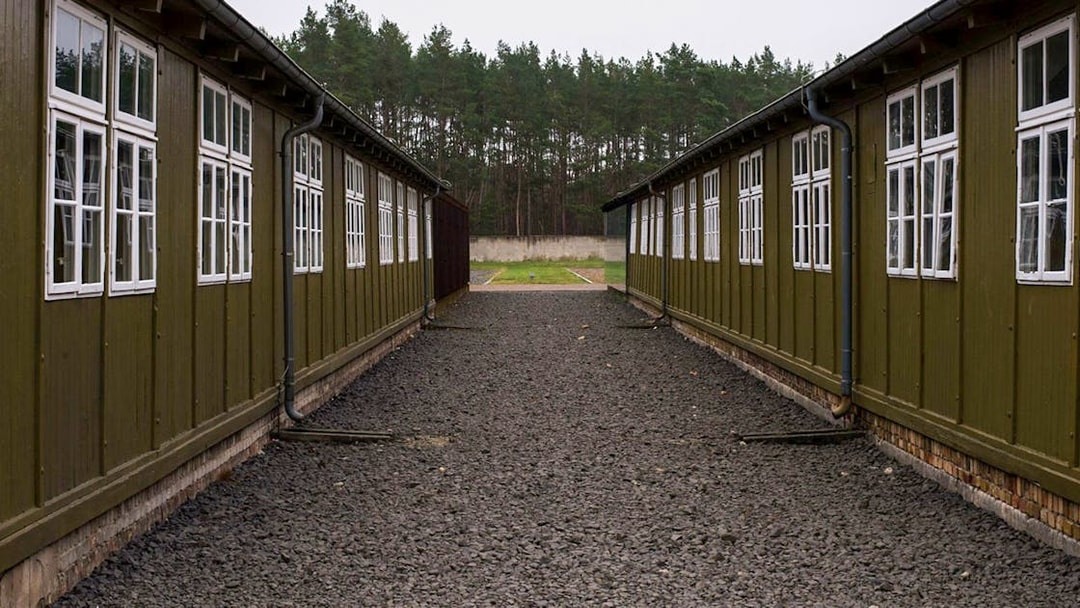 Sachsenhausen Concentration Camp barracks with gravel path and forest background.