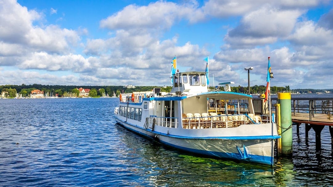 Cruise boat docked at Wannsee, Berlin, for the Seven Lakes Tour.