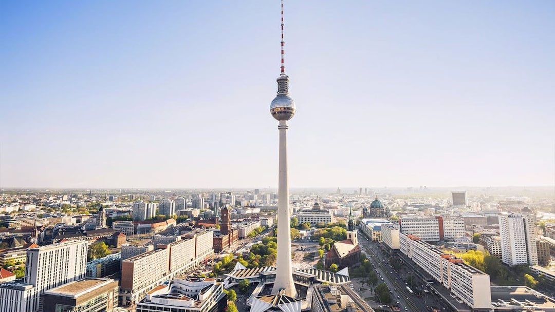 Berlin TV Tower overlooking cityscape, view from observation deck.
