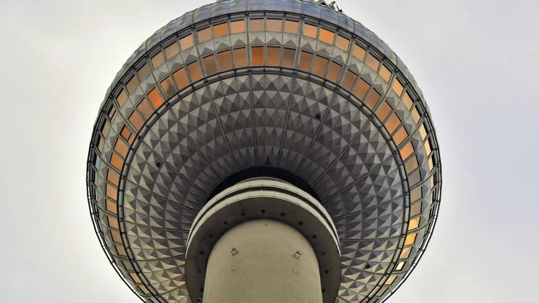 Berlin TV Tower observation deck with geometric design, Germany.