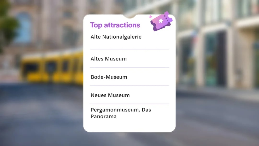 Top Berlin attractions list with museums and blurred city background.