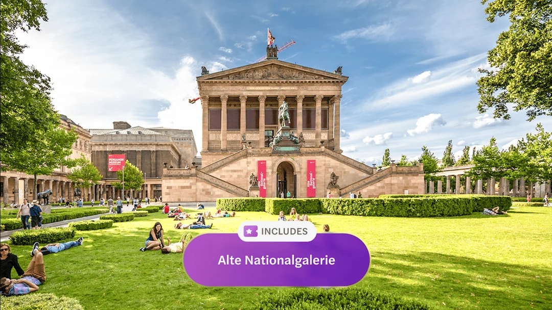 Alte Nationalgalerie in Berlin with visitors relaxing on the lawn.