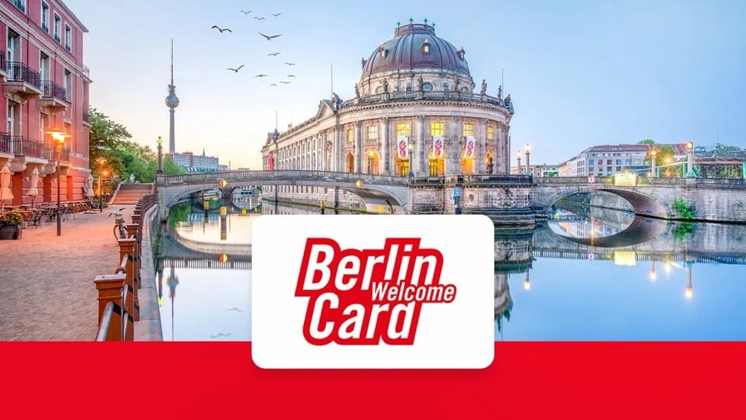 Berlin WelcomeCard with view of Bode Museum and TV Tower, offering unlimited public transport.