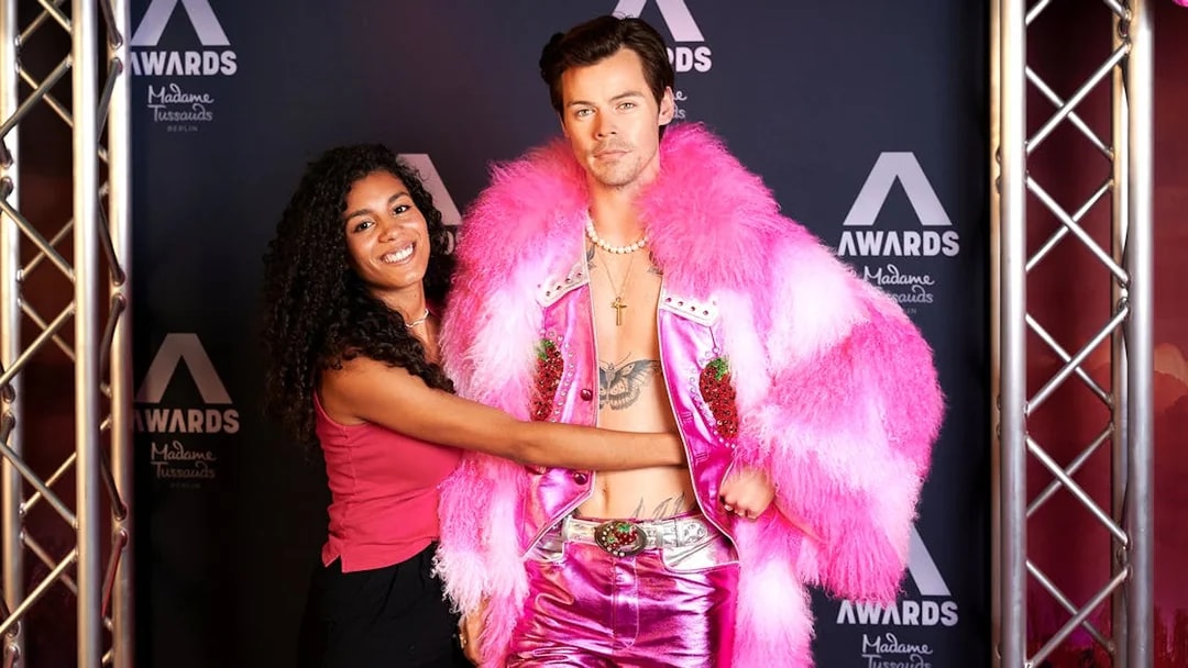 Wax figure in pink outfit at Madame Tussauds Berlin.